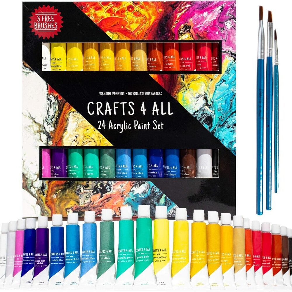 Acrylic Paint Set for Adults and Kids - 24 Pack of 12mL Paints with 3 Art Brushe